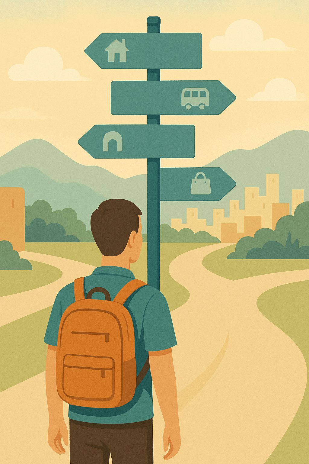 Иллюстрация: турист с рюкзаком стоит спиной на перекрёстке и смотрит на дорожный указатель со стрелками в разные стороны. На заднем плане — холмы, город и мягкий золотистый свет заката. Атмосфера спокойная и дружелюбная.